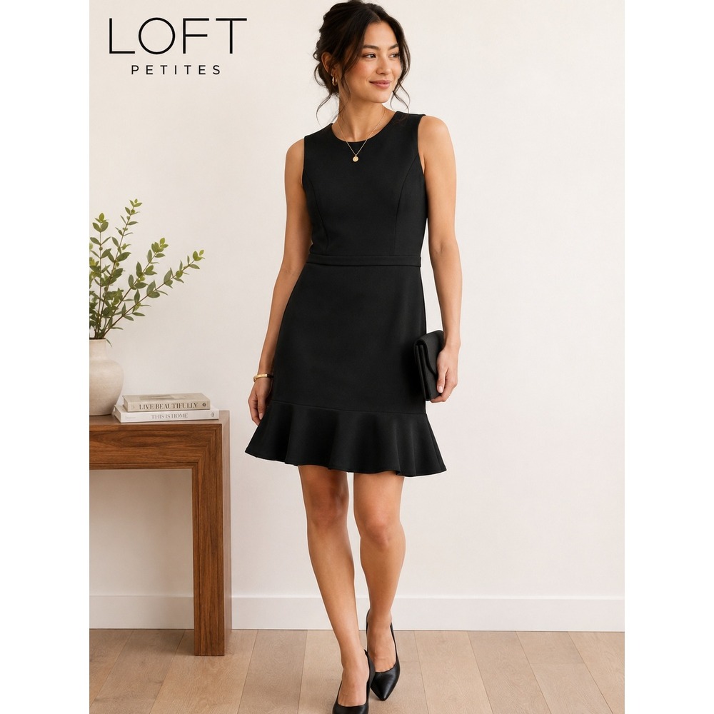 LOFT Petites Black Sleeveless Ruffle Hem Sheath Dress 10P